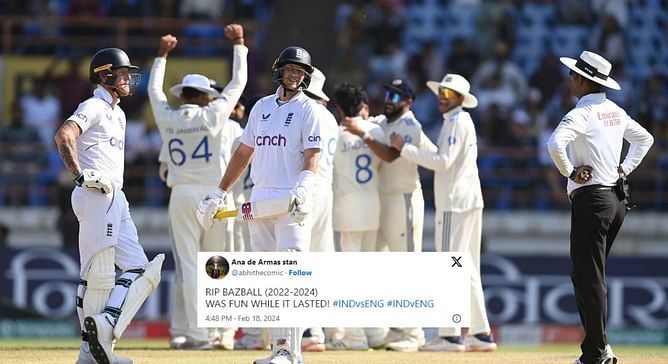 “RIP BAZBALL” - Fans erupt as England lose to India by 434 runs in 3rd Test