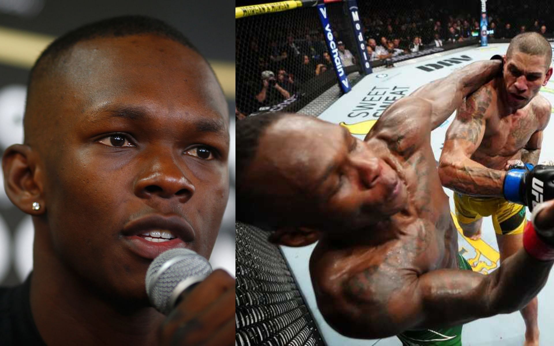 Israel Adesanya (left) getting knocked out by Alex Pereira (right). [via Getty Images and UFC]