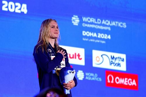 Claire Curzan during the Medal Ceremony after the Women's 100m Backstroke Final at the Doha 2024 World Aquatics Championships. (Photo by Maddie Meyer/Getty Images)