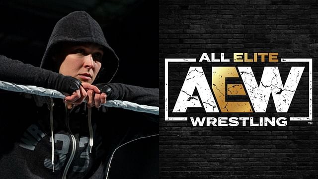 Ronda Rousey (left) and AEW logo (right)