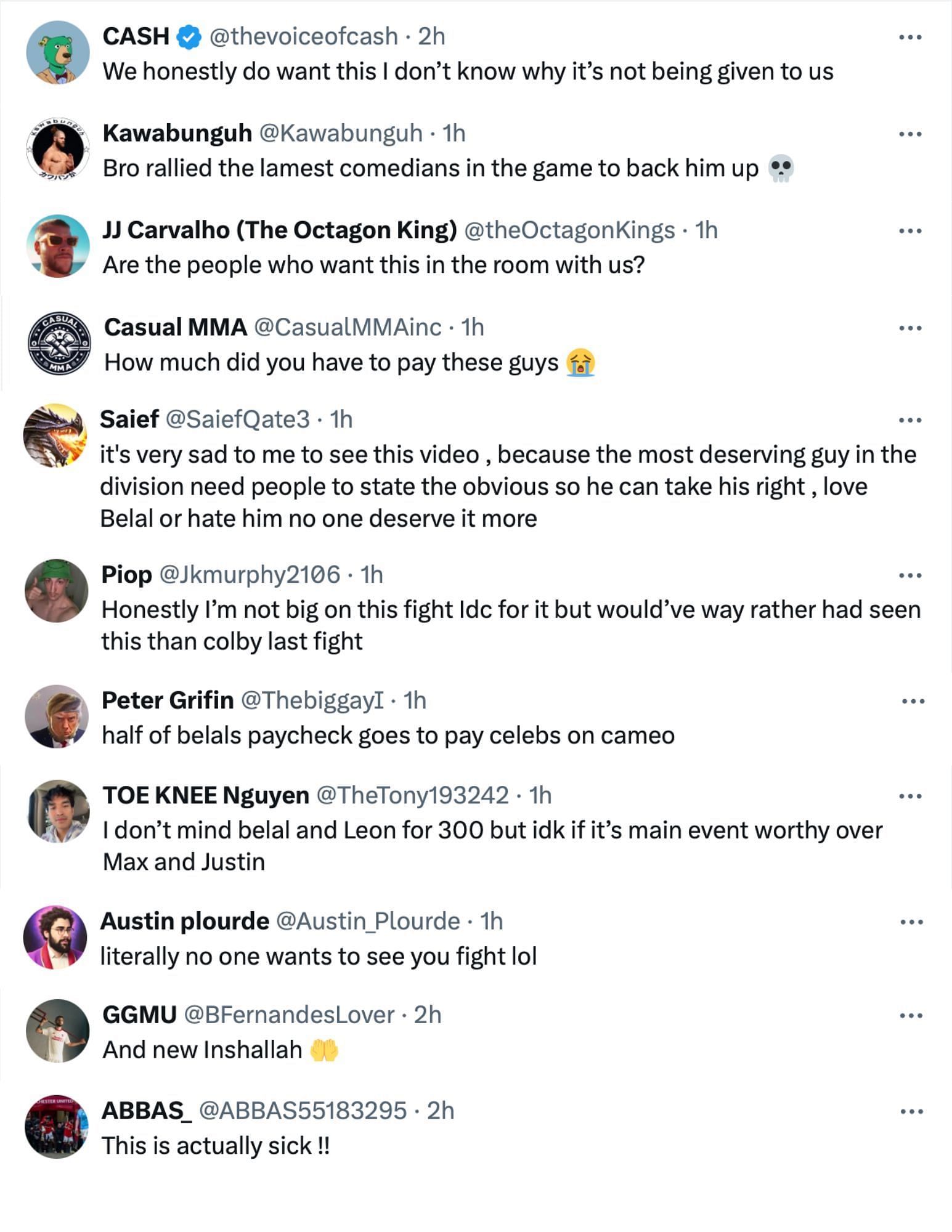 Fan reactions to Belal Muhammad releasing a video of celebrities calling for his title shot [via @bullyb170 on X]