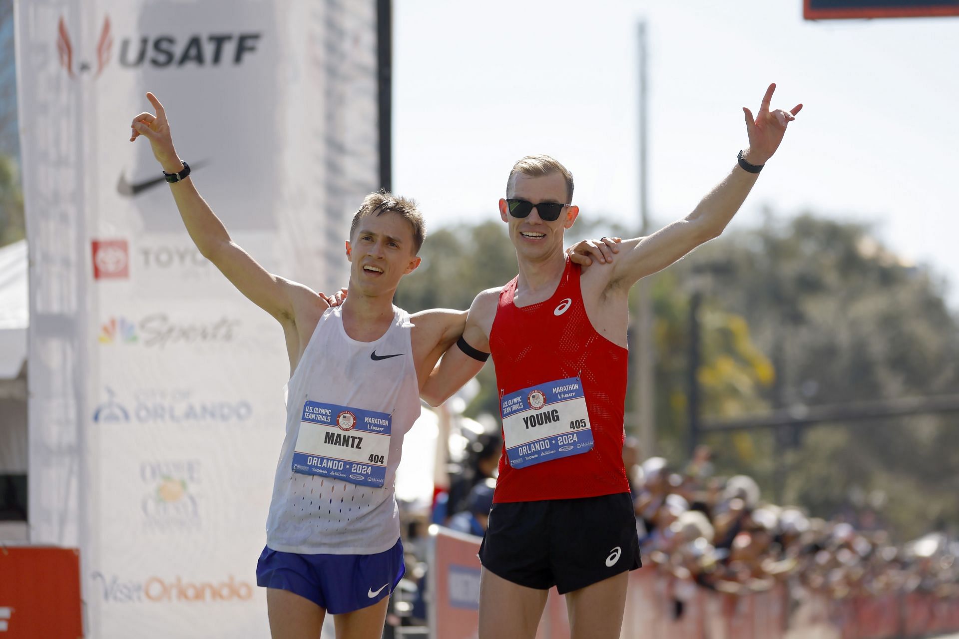 Conner Mantz (L) and Clayton Young celebrate after placing first and second during the 2024 U.S. Team Trials - Marathon on February 03, 2024 in Orlando, Florida. (Photo by Mike Ehrmann/Getty Images)US Olympic Trial: Track &amp; Field (Marathon)