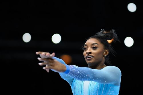 Simone Biles of Team United States competes on Floor Exercise during the 2023 FIG Artistic Gymnastics World Championships in Antwerp, Belgium