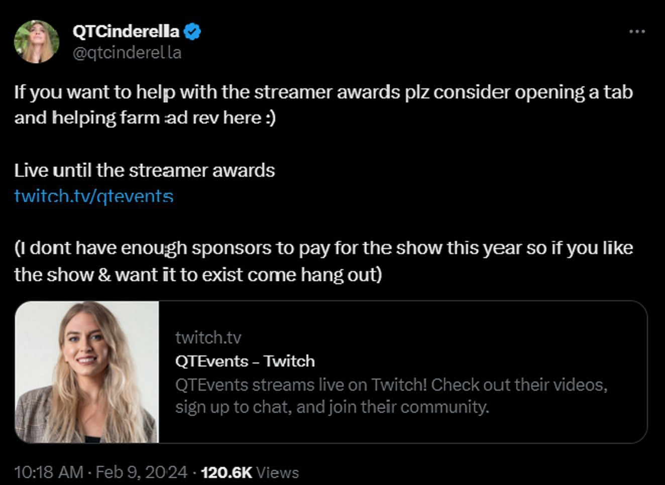 Streamer launched a new channel to support her awards show (Image via X)