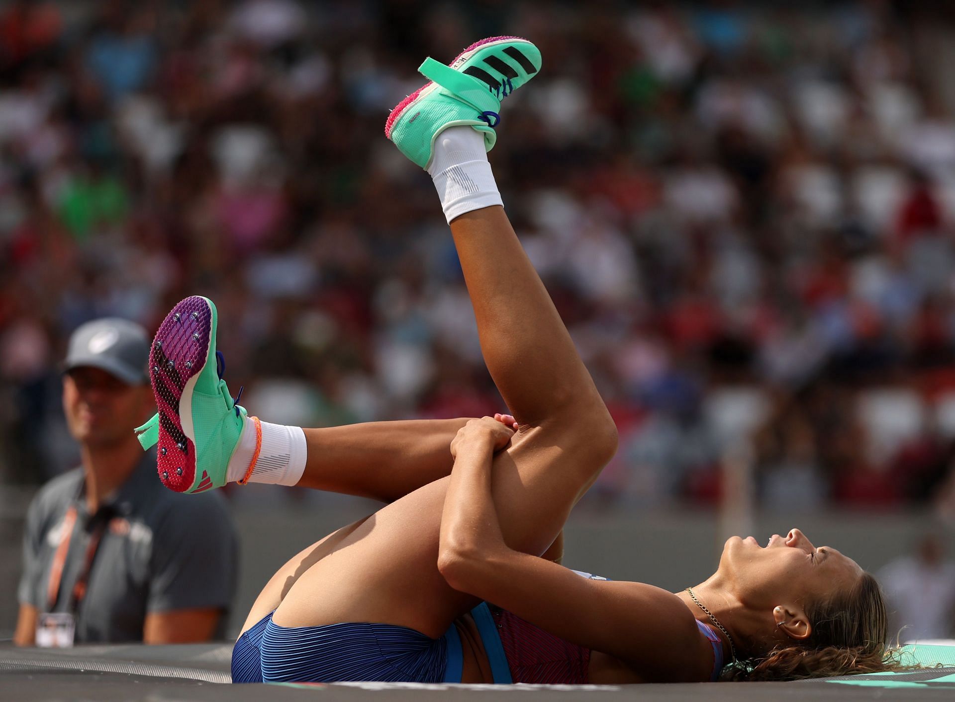 Anna Hall reacts after hitting the bar during the Heptathlon - Women&#039;s High Jump during day one of the World Athletics Championships Budapest 2023. (Photo by Patrick Smith/Getty Images)