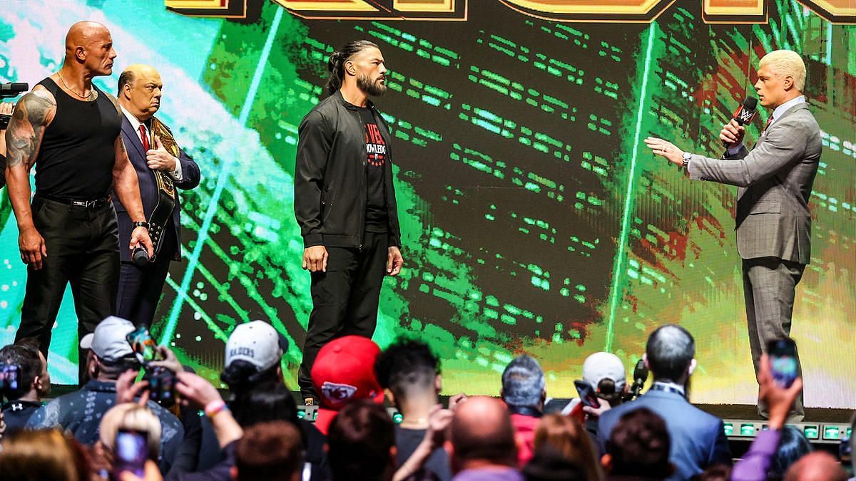 Roman Reigns, The Rock and Cody Rhodes at the Wrestlemania 40 press conference