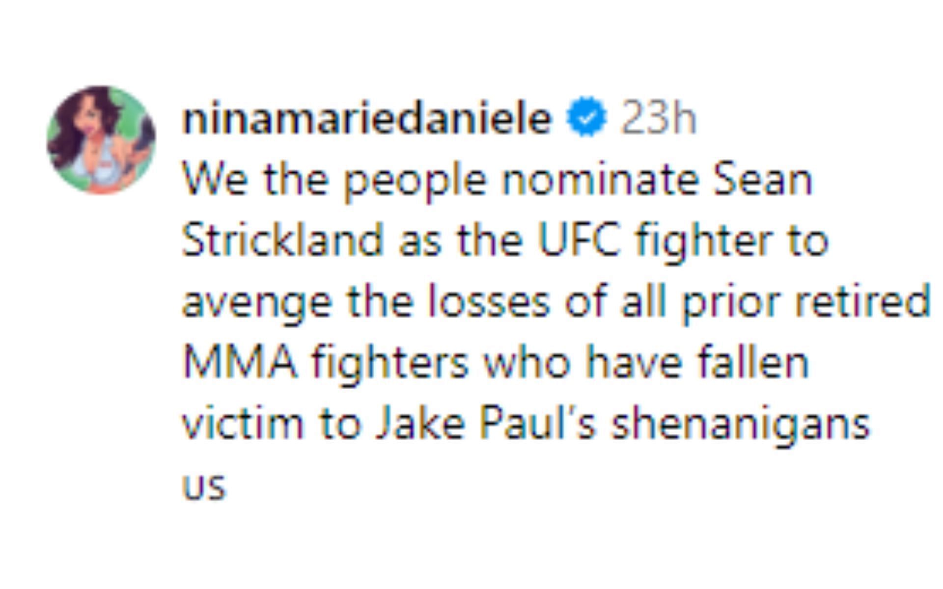 Daniele&#039;s comment regarding Strickland vs. Paul [Image courtesy: @stricklandmma - Instagram]