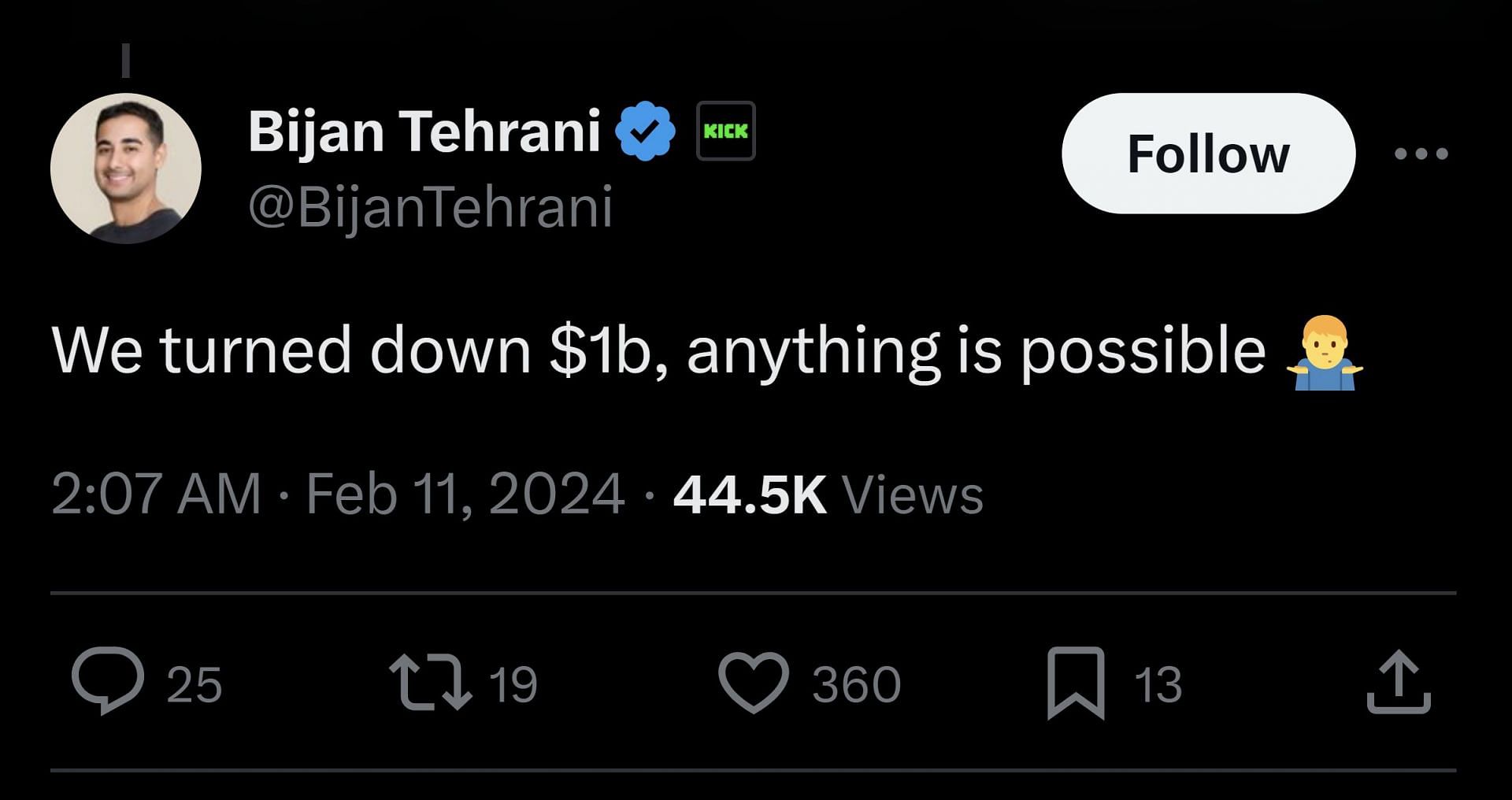 Bijan Tehrani&#039;s tweet, in which he claimed the platform &quot;turned down $1b&quot; (Image via Jake Lucky/X)