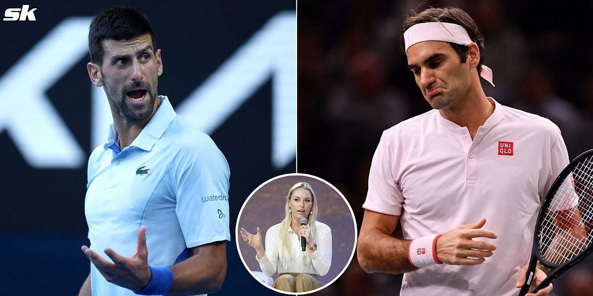 Novak Djokovic (L), Lindsey Vonn (inset) and Roger Federer (R)