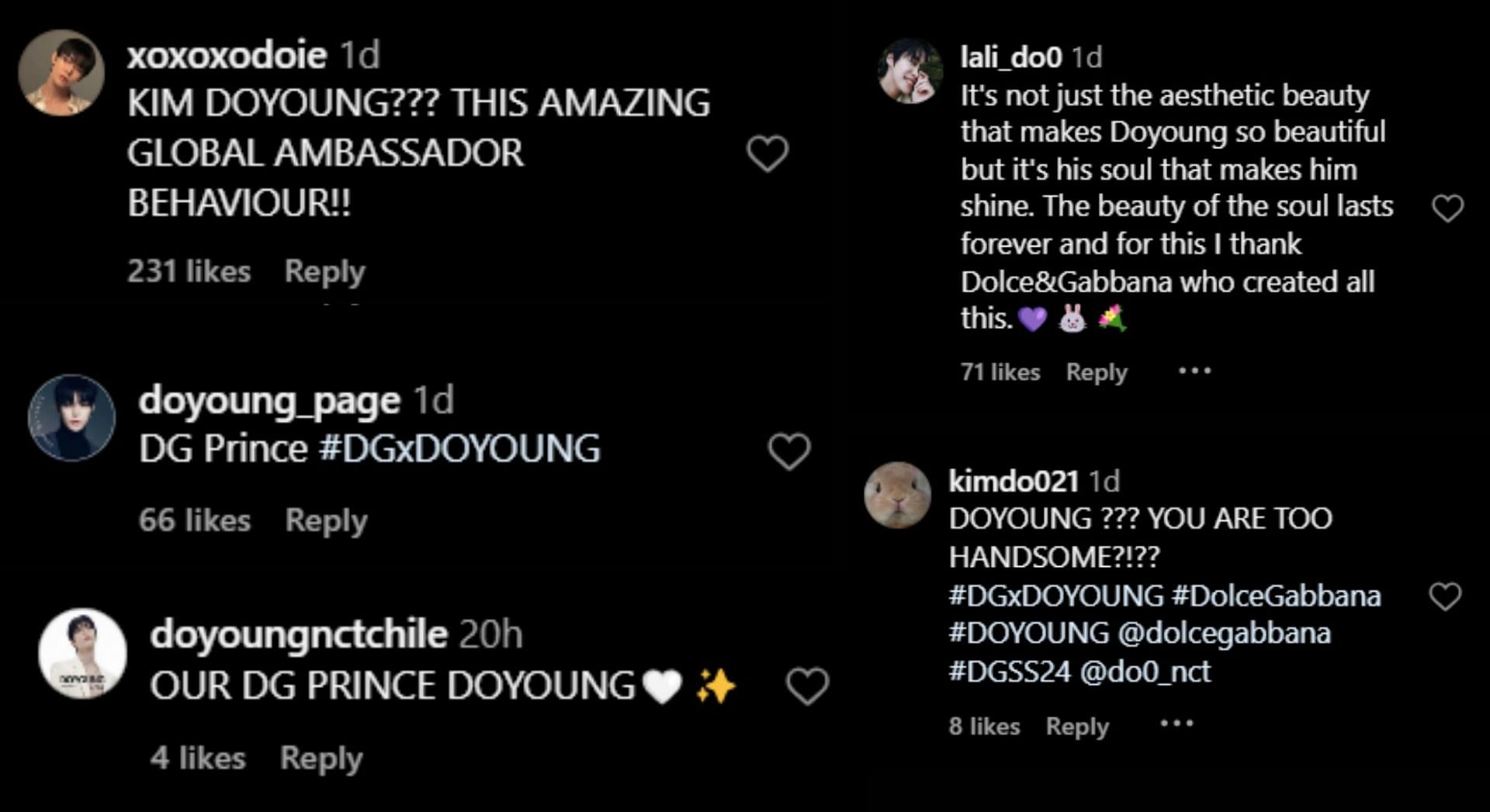 Fan reactions to NCT&#039;s Doyoung&#039;s look for the latest Dolce and Gabbana campaign (Image via Instagram)