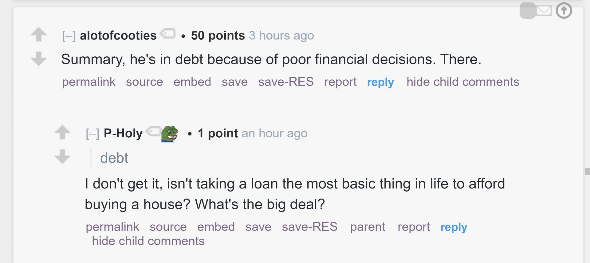 Redditor u/alotofcooties commented that the streamer was in &quot;debt because of poor financial decisions&quot; (Image via r/LivestreamFail subreddit)