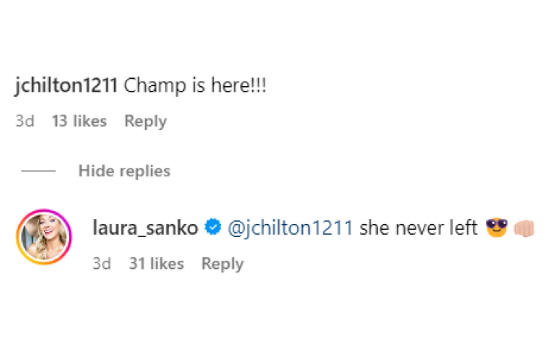 Screenshot of Laura Sanko&#039;s response to a fan&#039;s comment on Instagram
