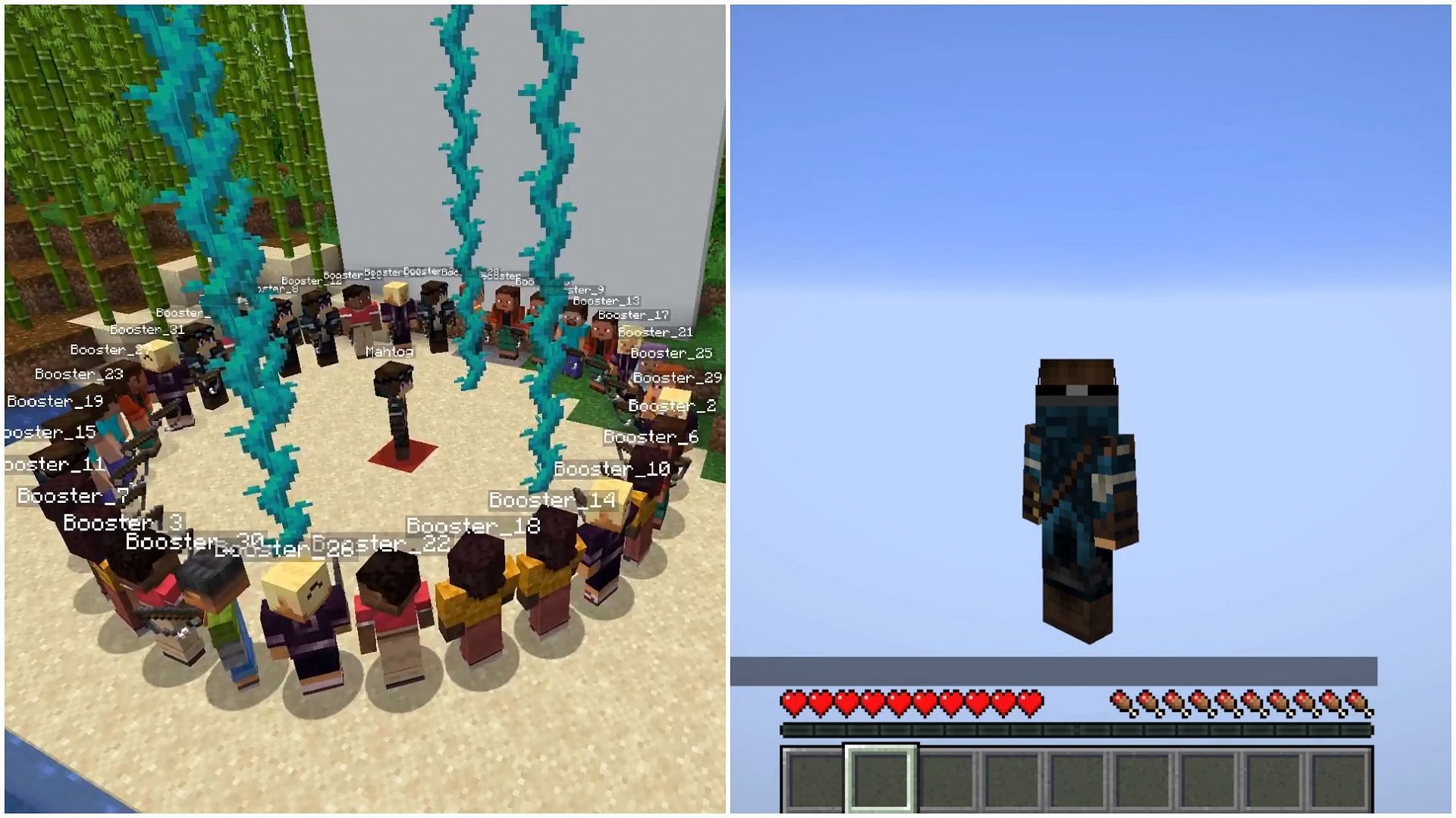 Minecraft Redditor launch themselves in the air by fishing rods used by 32 bots (Images via Reddit/u/Mahtog24)