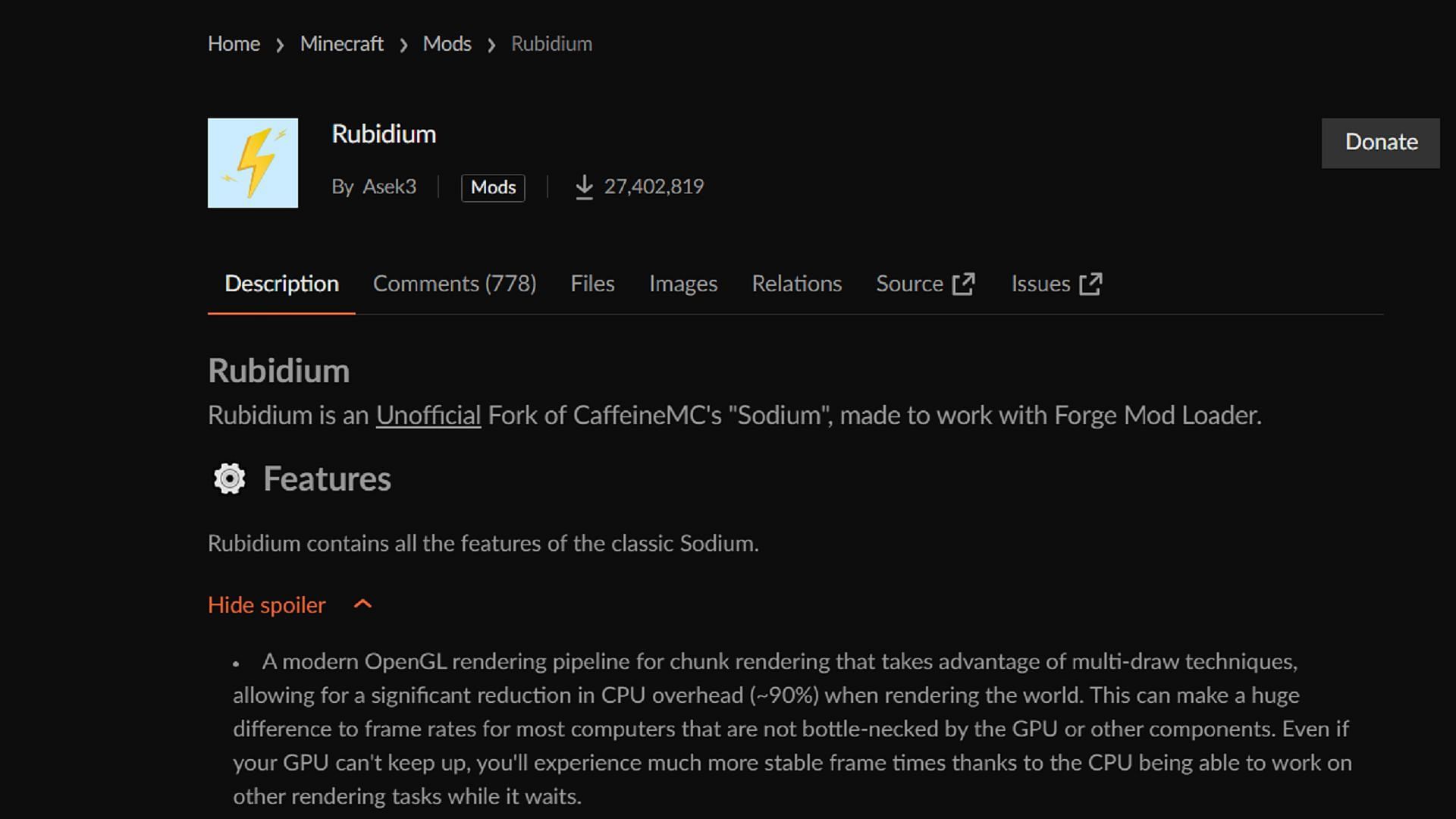 Rubidium allows fans to use Sodium with the Forge mod loader (Image via Asek3/CurseForge)