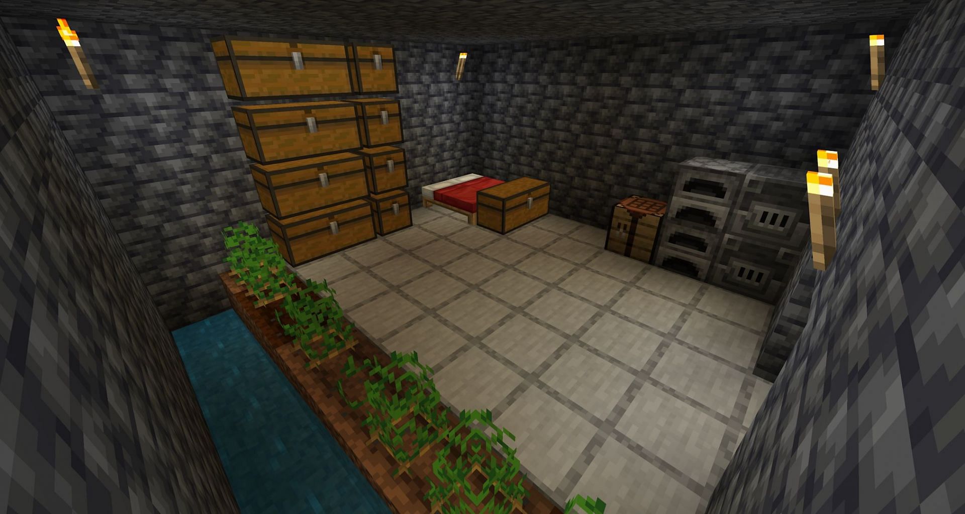 A basic underground base with a tile floor (Image via Mojang Studios)