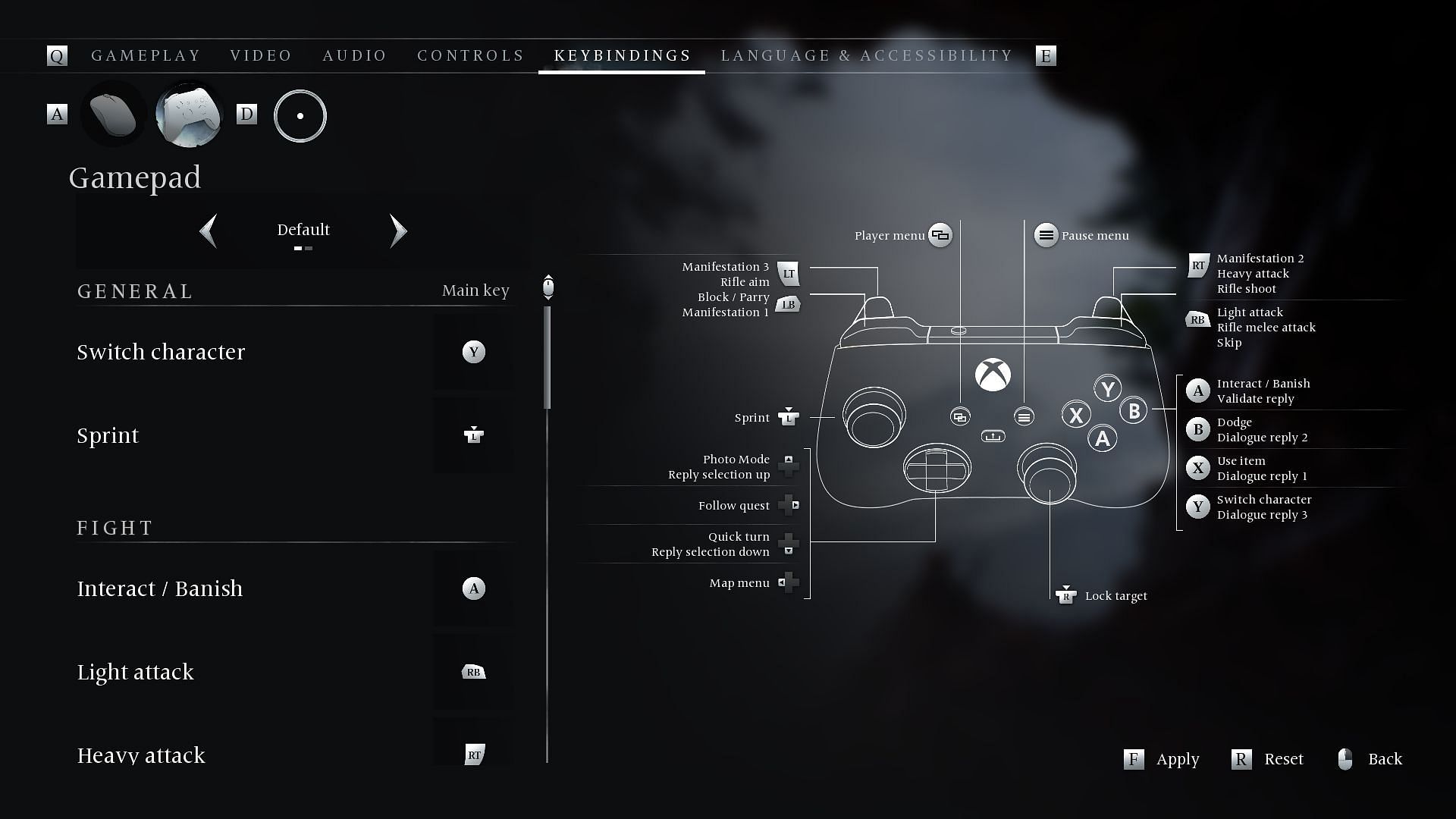 Ghosts of New Eden Xbox controller settings (Image via Focus Entertainment)