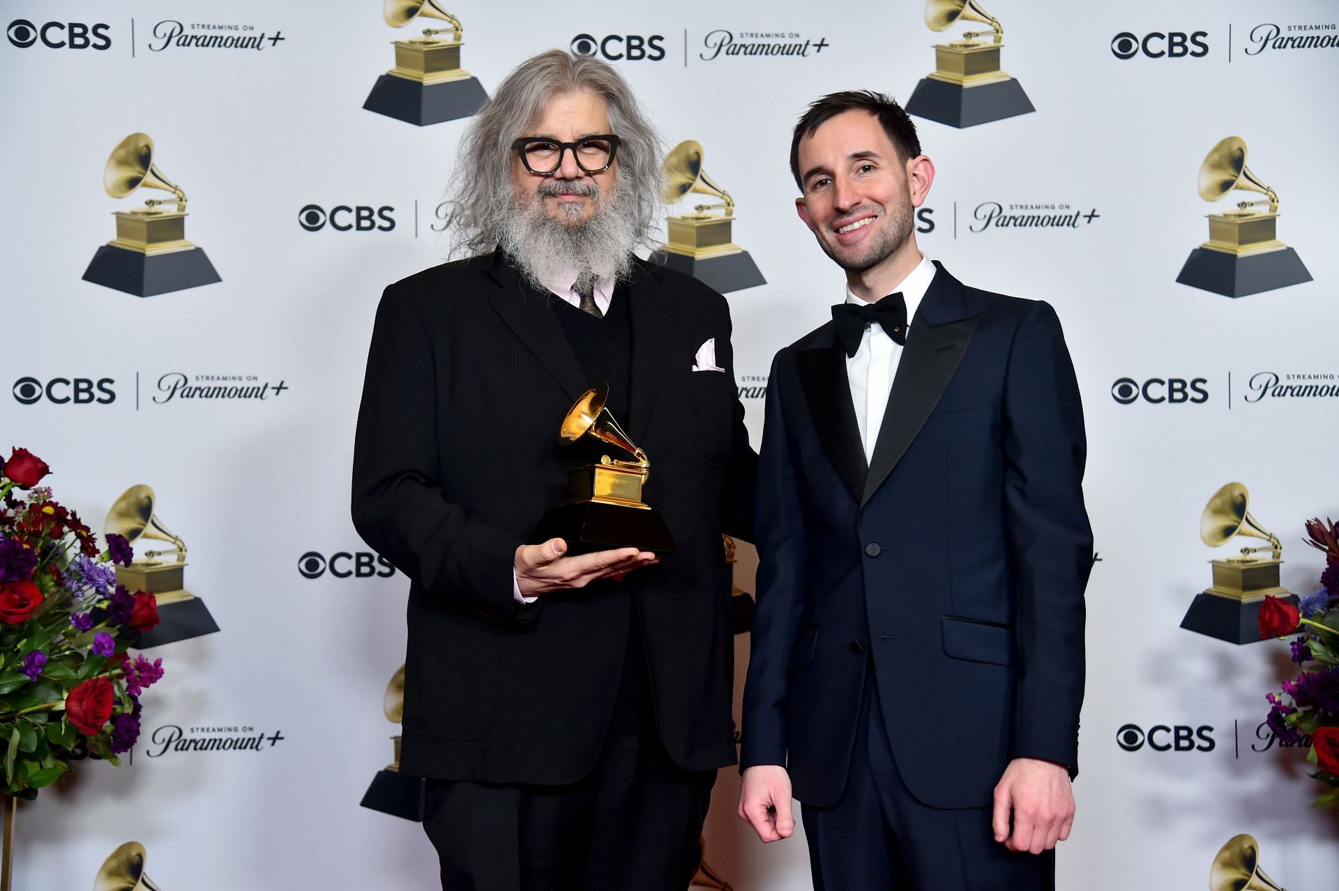 (L-R) George Drakoulias and Brandon Davis, winners of the &quot;Best Compilation Soundtrack for Visual Media&quot; award for &quot;Barbie the Album&quot;, pose in the Grammy press room at Crypto.com Arena on February 04, 2024 (Photo by Alberto E. Rodriguez/Getty Images)