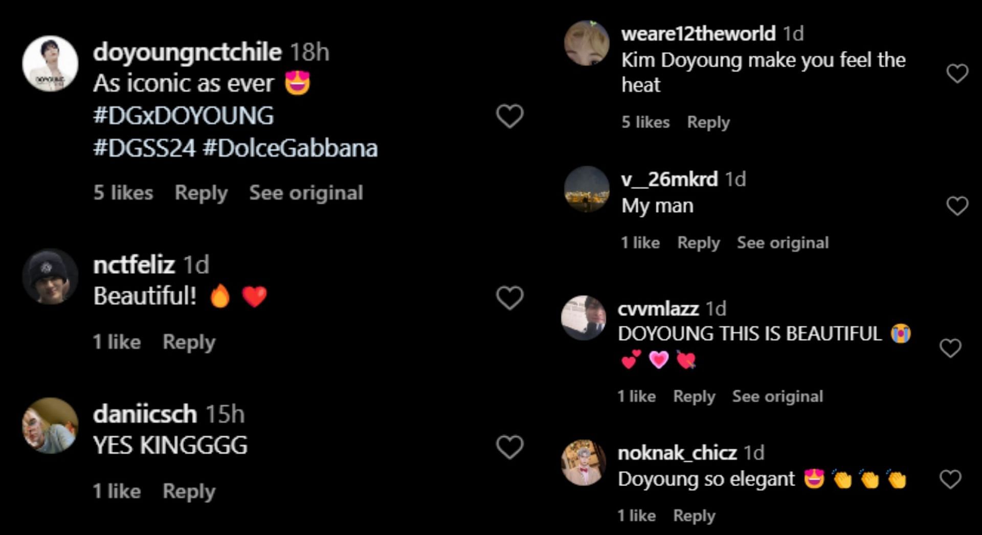 Fan reactions to NCT&#039;s Doyoung&#039;s look for the latest Dolce and Gabbana campaign (Image via Instagram)