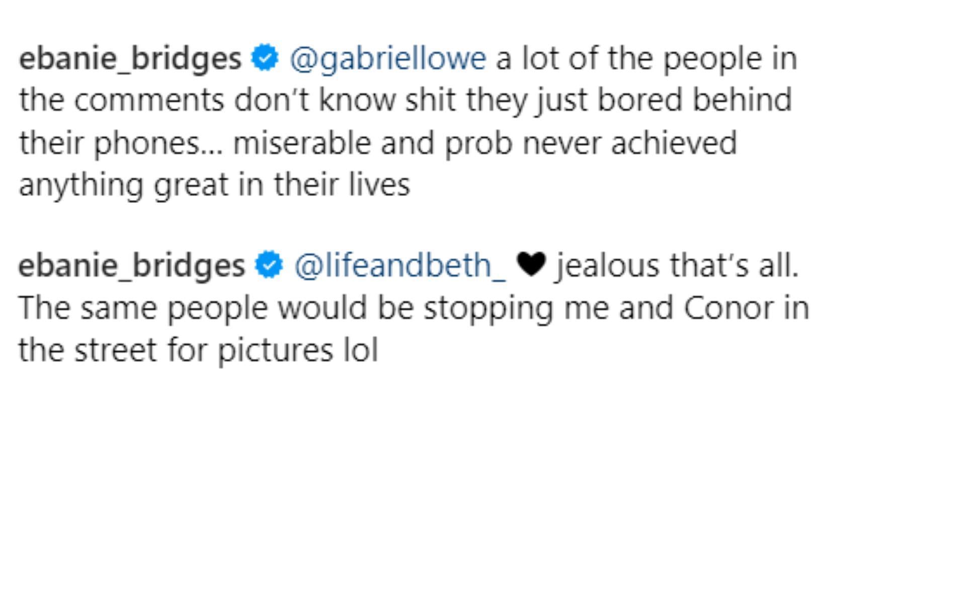 A screenshot of Ebanie Bridges&#039; responses to fan comments