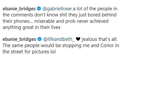 A screenshot of Ebanie Bridges' responses to fan comments