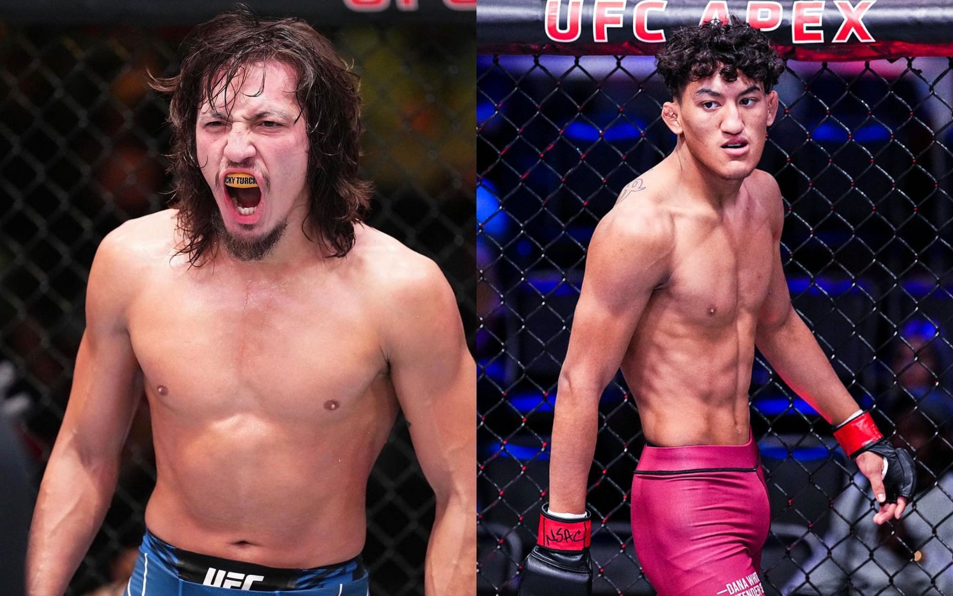 Ricky Turcios (left) reacts to news of his supposed re-booked fight with Raul Rosas Jr. (right) [Photo Courtesy @rickyturcios on Instagram and @espnmma on X]
