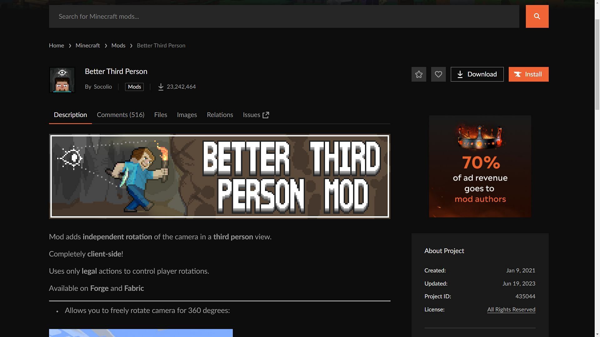 Better Third Person has more than 23 million downloads on CurseForge alone (Image via CurseForge)