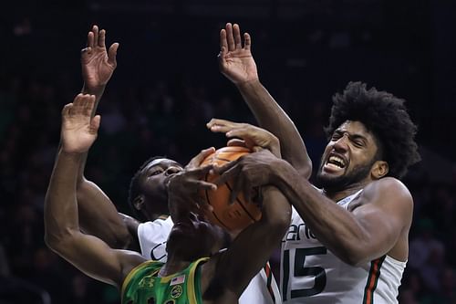 Norchad Omier #15 of the Miami (Fl) Hurricanes rebounds the ball.