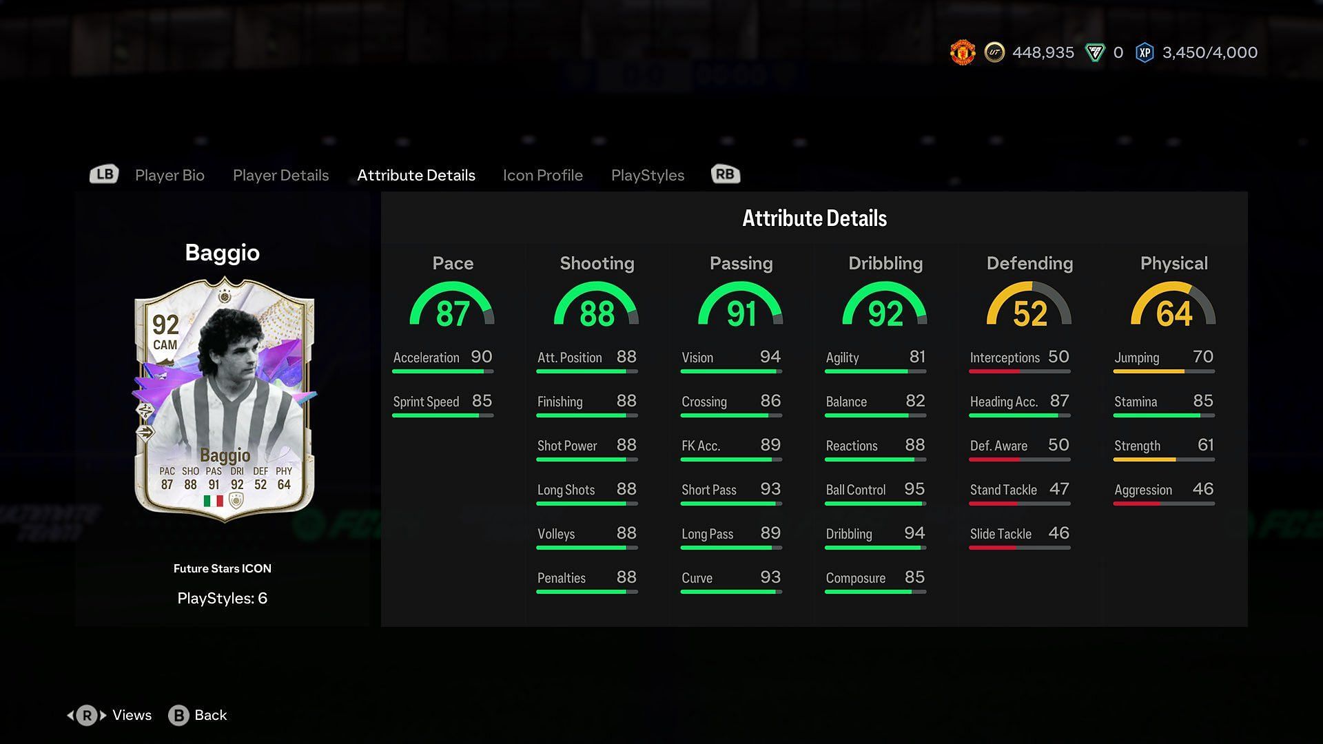 Detailed stats of the card offered by the Roberto Baggio Future Stars Icon SBC (Image via EA Sports)