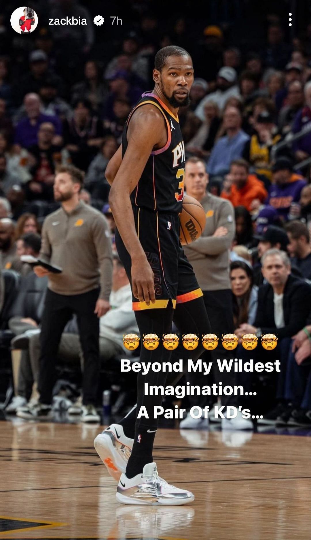 Zack&#039;s reshare of the Phoenix Suns&#039; Instagram post featuring Durant wearing the Zack Bia x Nike KD 16s