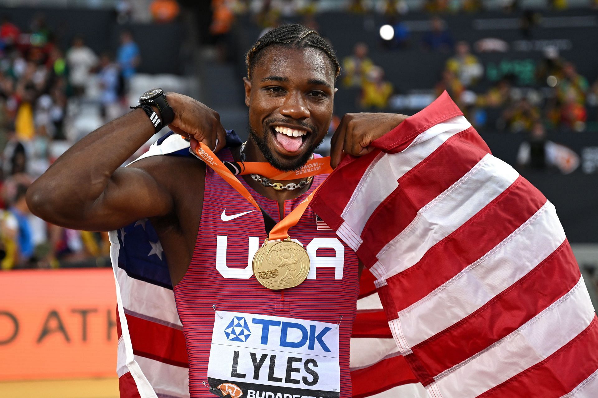 Noah Lyles after winning the Men&#039;s 100m during the World Athletics Championships 2023 in Budapest, Hungary.