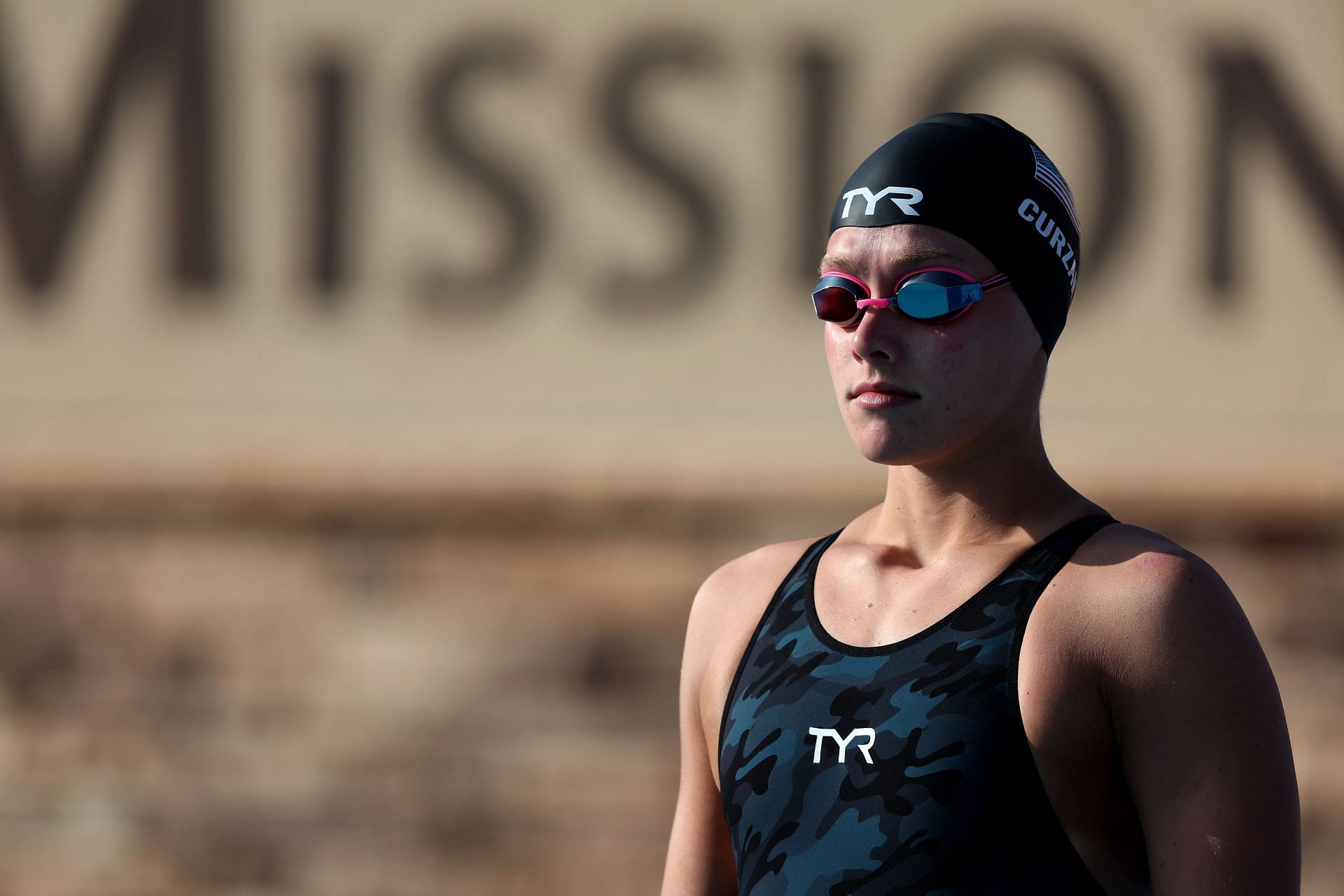 Claire Curzon looks on before the Women&#039;s 100 Meter Freestyle Final during the TYR Pro Swim Series Mission Viejo at Marguerite Aquatics Center on May 18, 2023, in Mission Viejo, California.