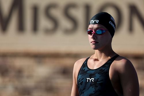 Claire Curzon looks on before the Women's 100 Meter Freestyle Final during the TYR Pro Swim Series Mission Viejo at Marguerite Aquatics Center on May 18, 2023, in Mission Viejo, California.