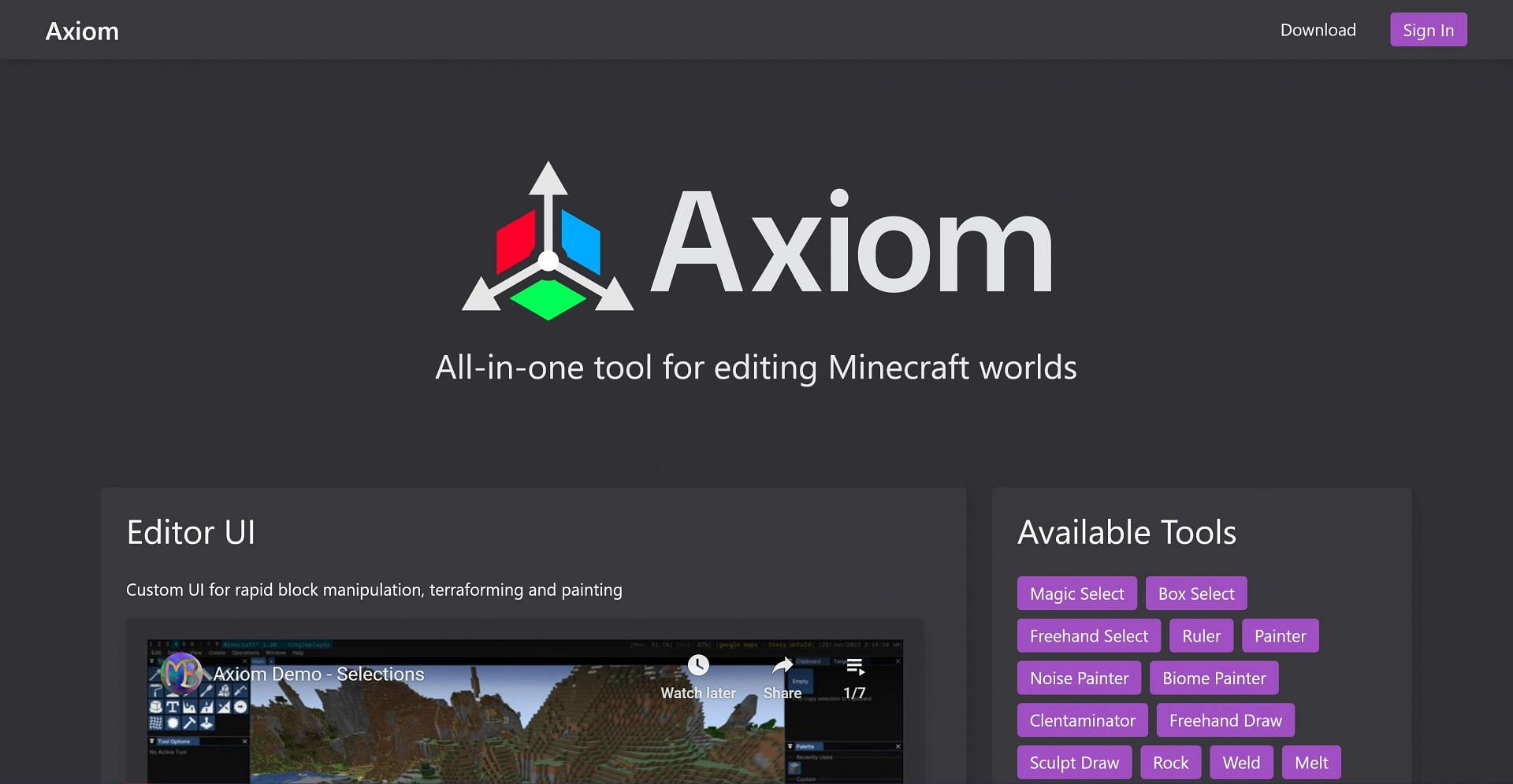 The Axiom website&#039;s homepage and download button (Image via Axiom)