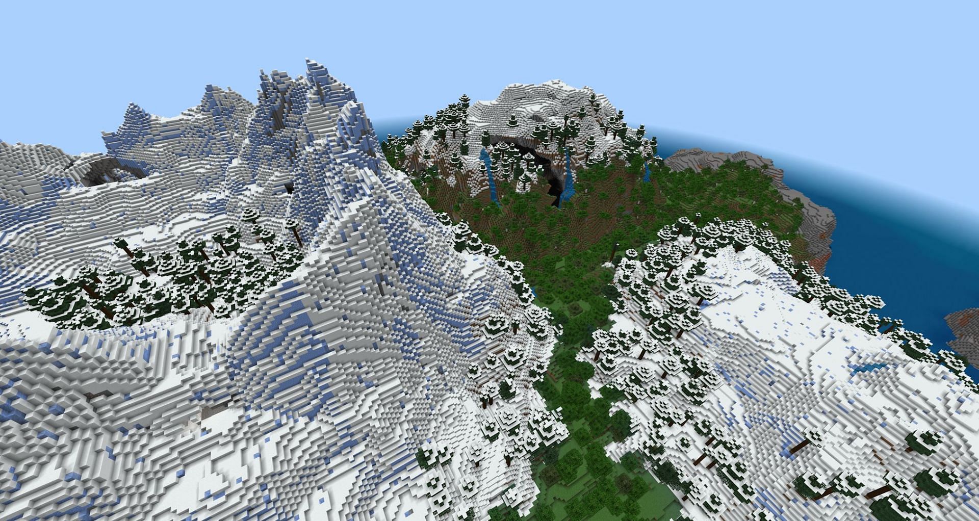 A sky view of the three mountain island spawn (Image via Mojang)