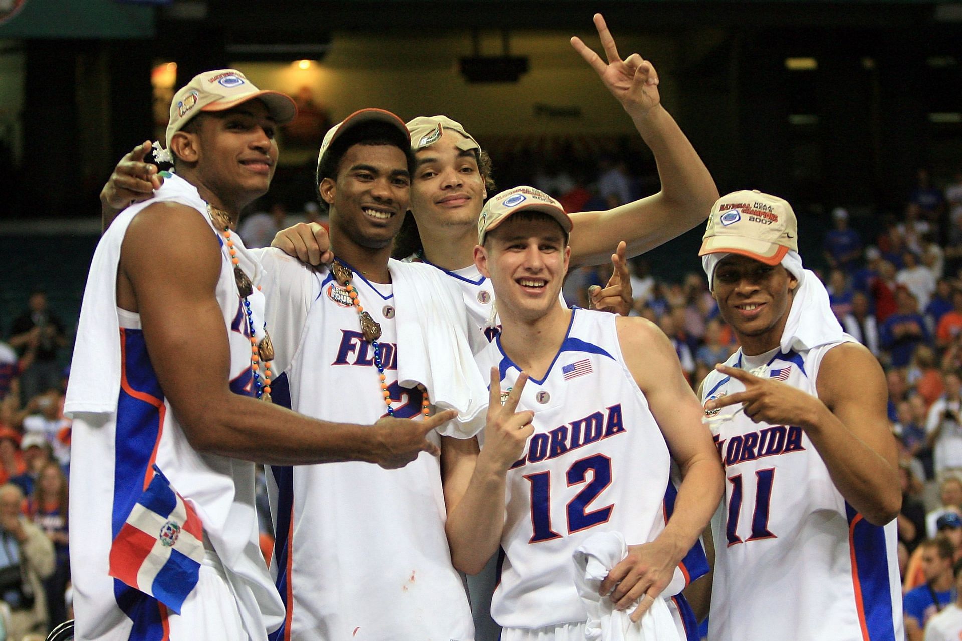 Al Horford #42, Taurean Green #11, Joakim Noah #13, Lee Humphrey #12 and Corey Brewer #2 of the Florida Gators celerate after defeating the Ohio State Buckeyes during the NCAA Men&#039;s Basketball Championship game
