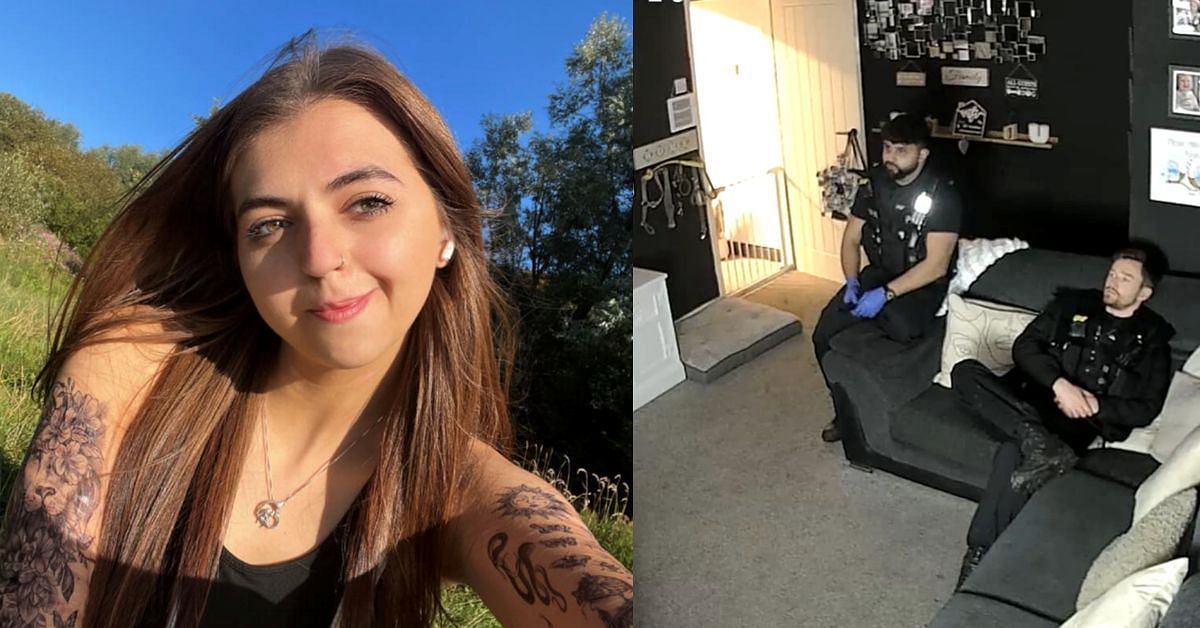 Abbygail Lawton - left, the picture of police officers chilling at her home taken on her CCTV camera - right (Image via Facebook/@Abbygail Lawton)