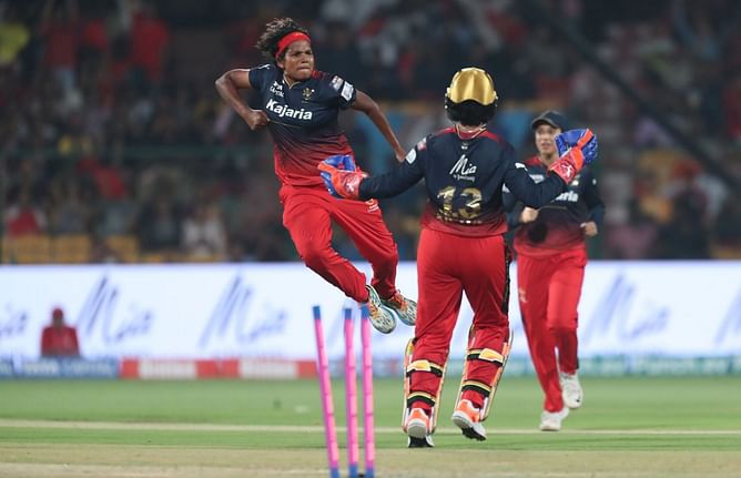 [Watch] RCB's Sobhana Asha picks up 3 wickets in a single over to derail UP Warriorz chase in WPL 2024