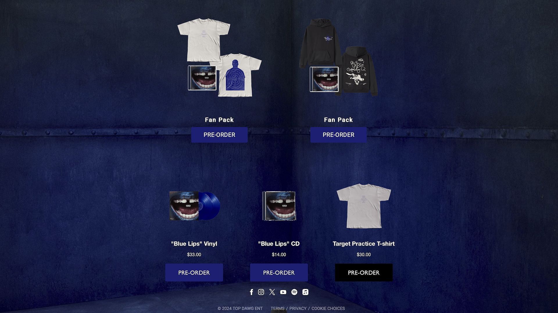 Screenshot of ScHoolboy Q&#039;s official website showcasing the available album merch for &#039;Blue Lips&#039; (Image via groovyq.com)