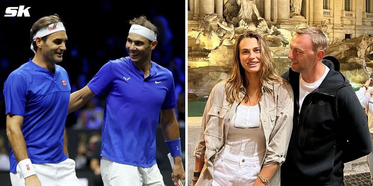 Roger Federer and Rafael Nadal (L), Aryna Sabalenka and boyfriend Konstantin Koltsov (R)