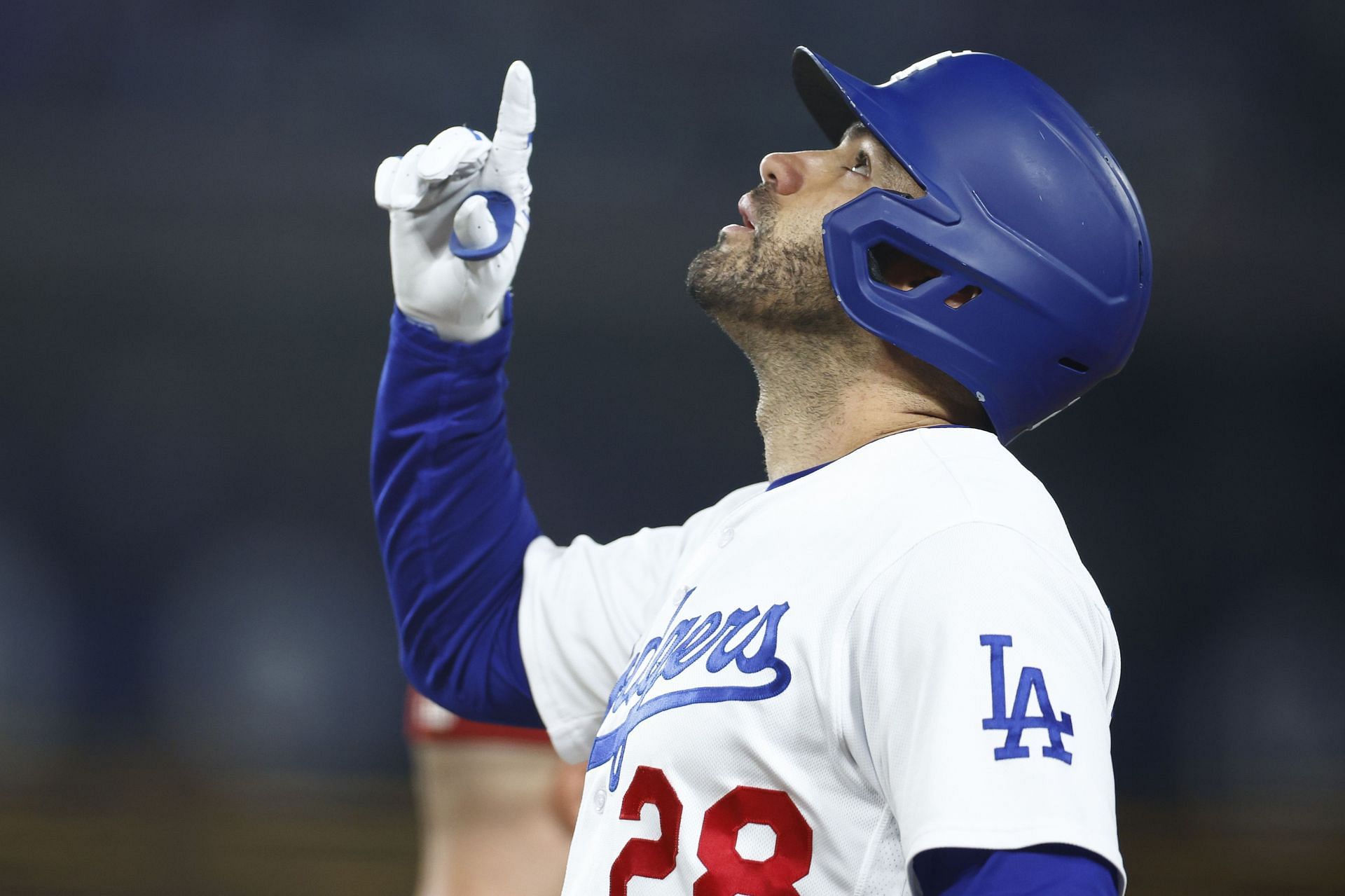 MLB Free agency: J.D. Martinez #28 of the Dodgers reacts after his single against the Diamondbacks