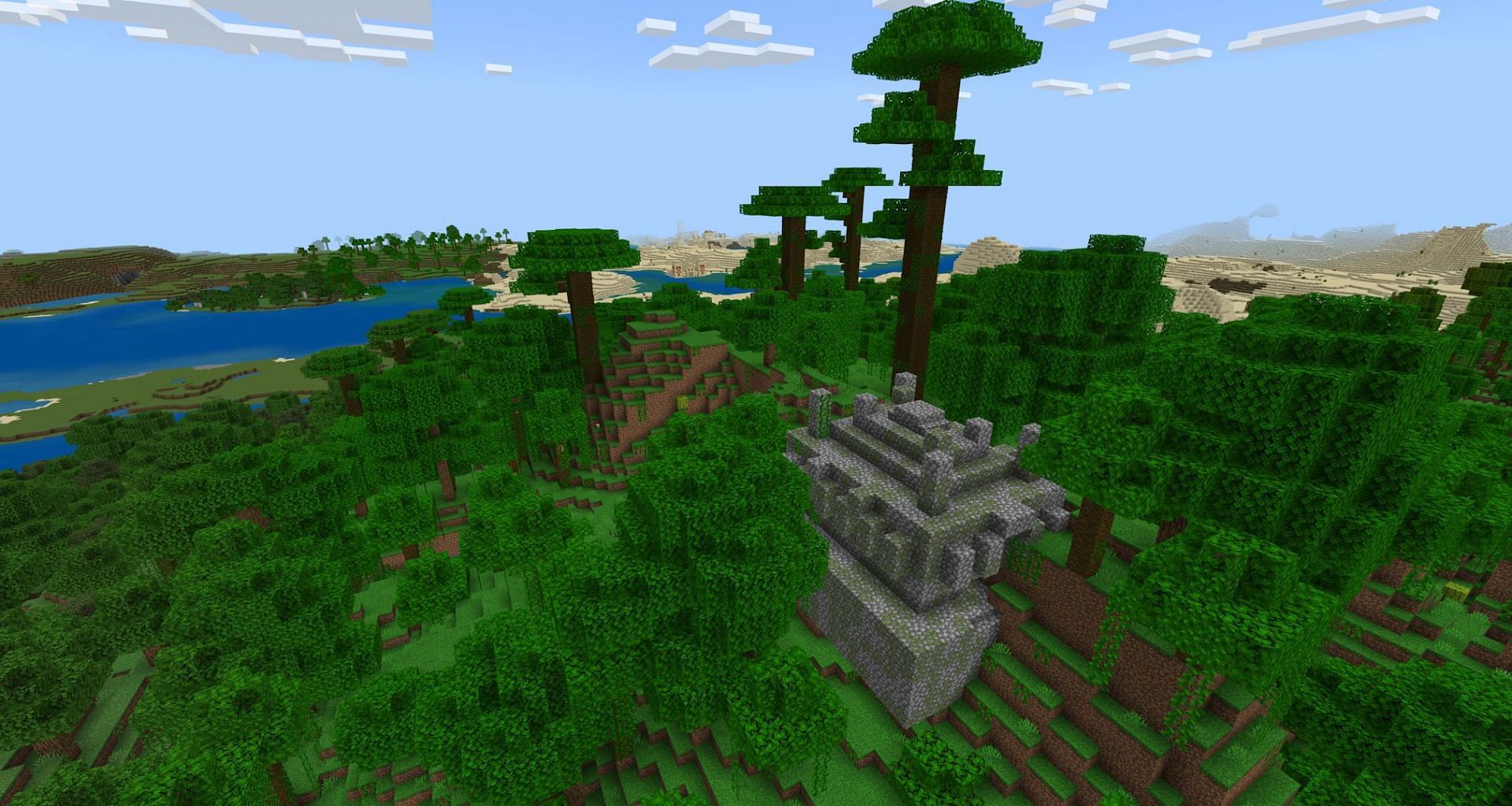 A jungle temple, with a distant desert temple and village (image via Mojang)