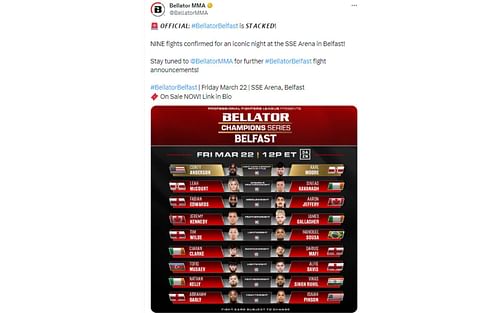 Tweet regarding updated Belfast card [Image courtesy: @BellatorMMA - X]