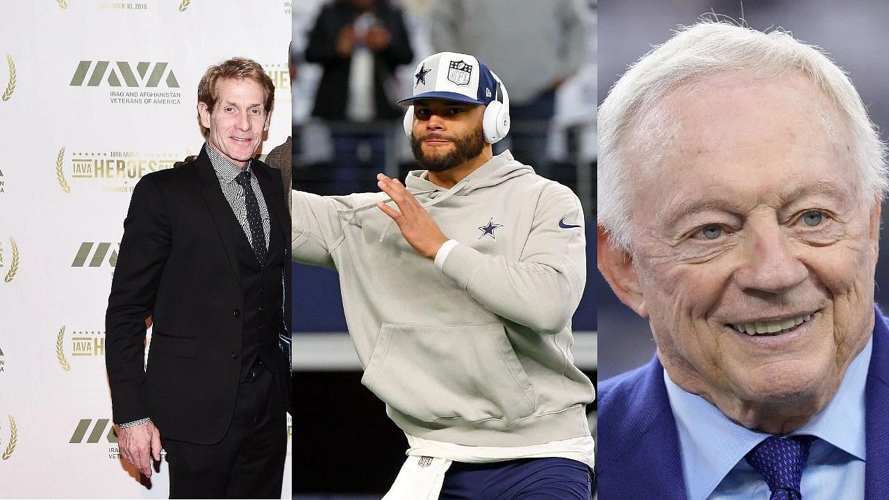 Skip Bayless, left, Dak Prescott, center, Jerry Jones, right