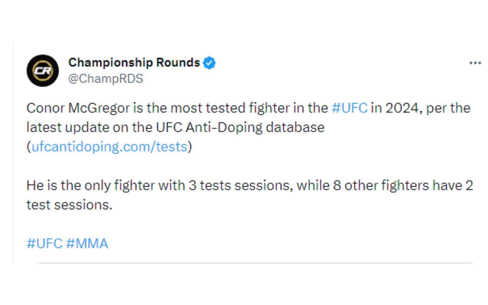 Tweet regarding McGregor&#039;s updated testing results [Image courtesy: @ChampRDS - X]