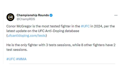 Tweet regarding McGregor's updated testing results [Image courtesy: @ChampRDS - X]