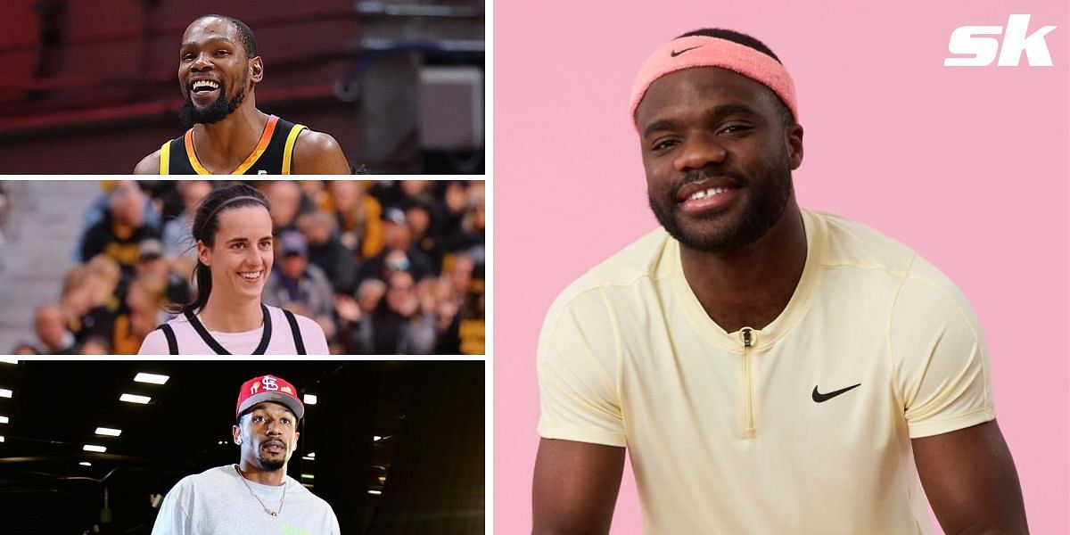 (Left, Top to Bottom) Kevin Durant, Caitlin Clark, Bradley Beal, (Right) Frances Tiafoe 