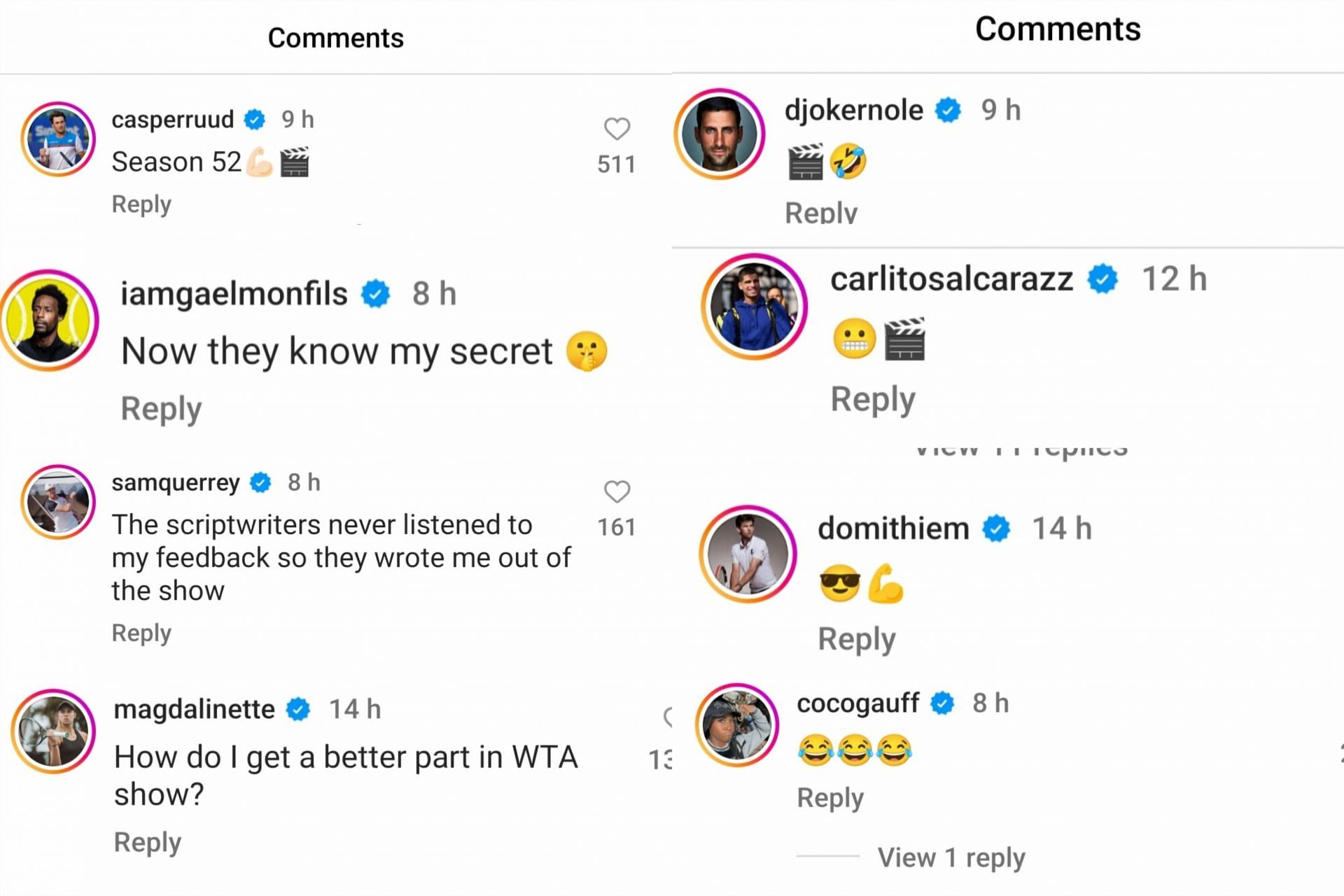 Screengrab of players&#039; reactions to ATP Tour&#039;s post