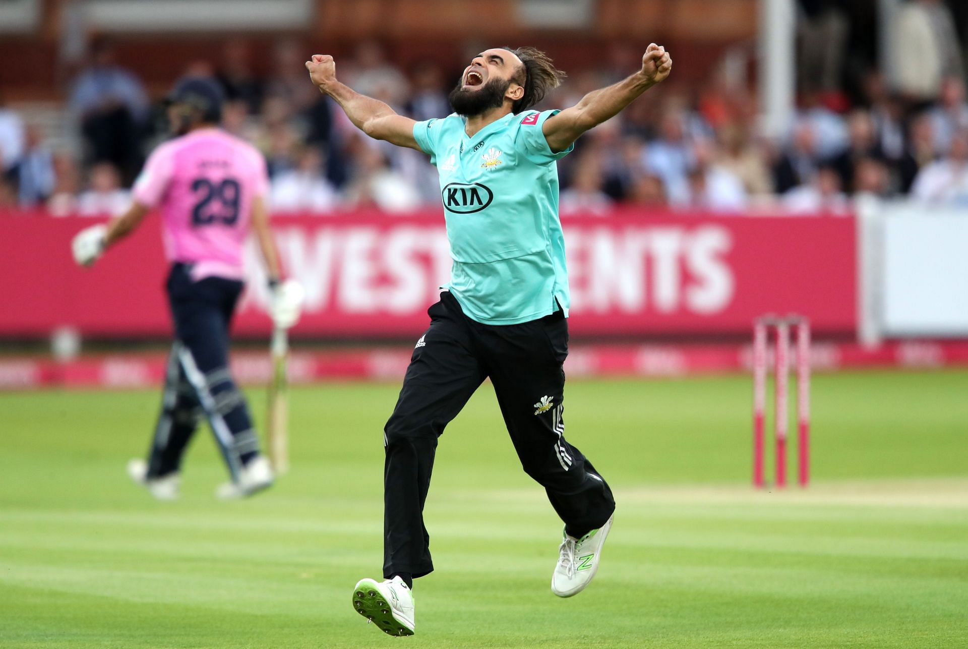 Imran Tahir celebrating a wicket for Surrey in the Vitality T20 Blast.