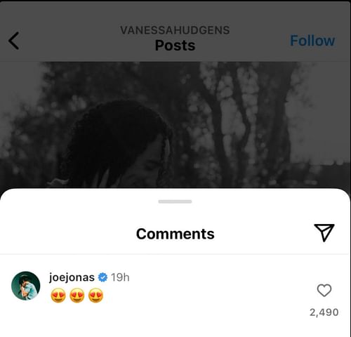 Joe Jonas comments on Vanessa Hudgens' post