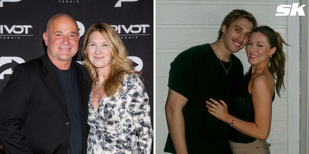 Andre Agassi and Steffi Graf (L), Jaden Agassi and girlfriend Catherine Holt (R)